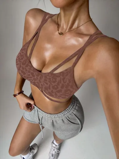 Women Fashion Sexy Leopard Double Shoulder Strap Quick-Drying Sports Yoga Bra