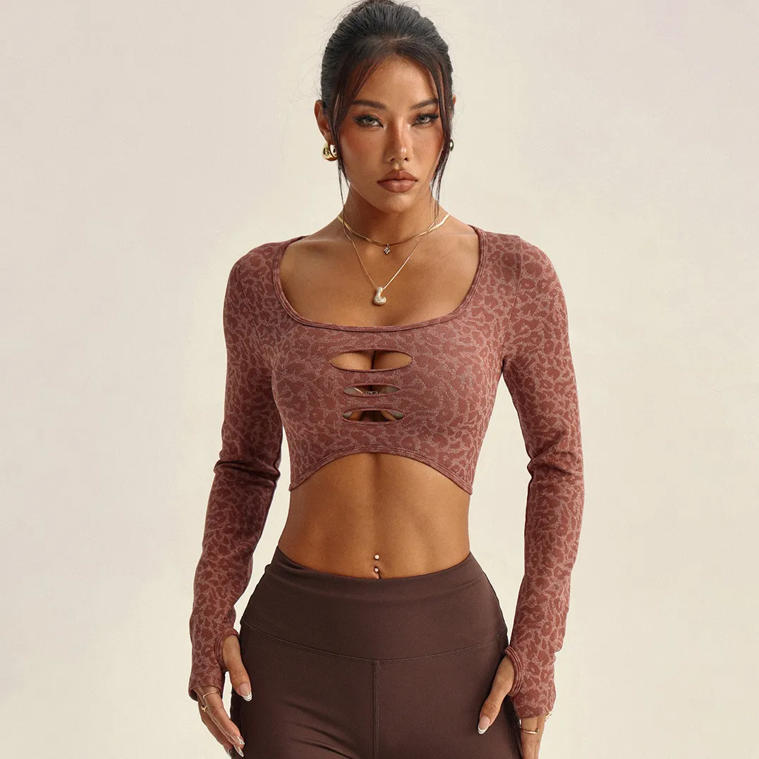 Women Fashion Sexy Leopard Hollow Long Sleeve Quick-Dry Yoga Crop Top