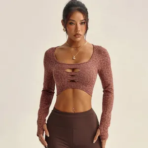Women Fashion Sexy Leopard Hollow Long Sleeve Quick-Dry Yoga Crop Top