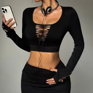 Women Fashion Sexy Solid Color Hollow Long Sleeve Backless Yoga Crop Top