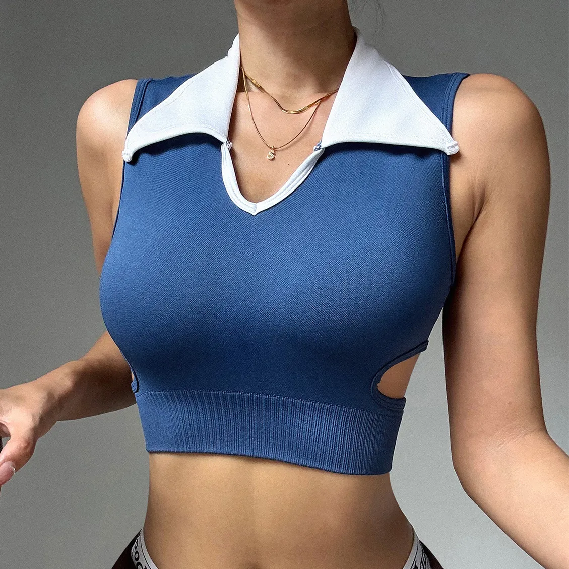 Women Fashion Sexy Contrast Color Hollow Lapel Sleeveless Yoga Sports Tank Top