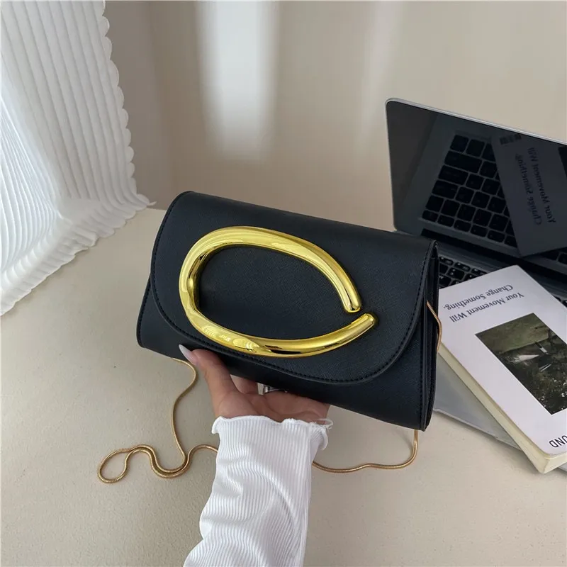 Women Fashion Casual Solid Color Metal Buckle Chain Crossbody Bag