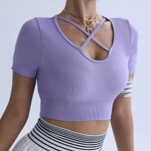Women Fashion Casual Solid Color Quick-Drying Short-Sleeve Sports Yoga Crop Top