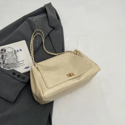 Women Fashion Retro Casual Solid Color Chain Shoulder Bag PU Tote