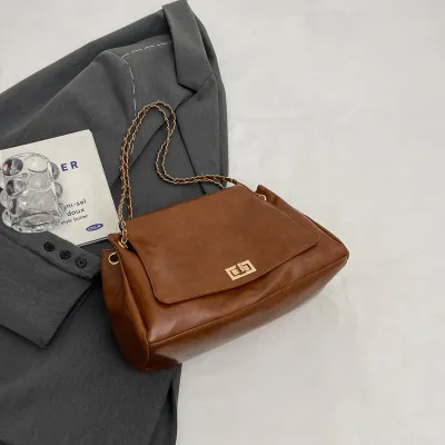 Women Fashion Retro Casual Solid Color Chain Shoulder Bag PU Tote