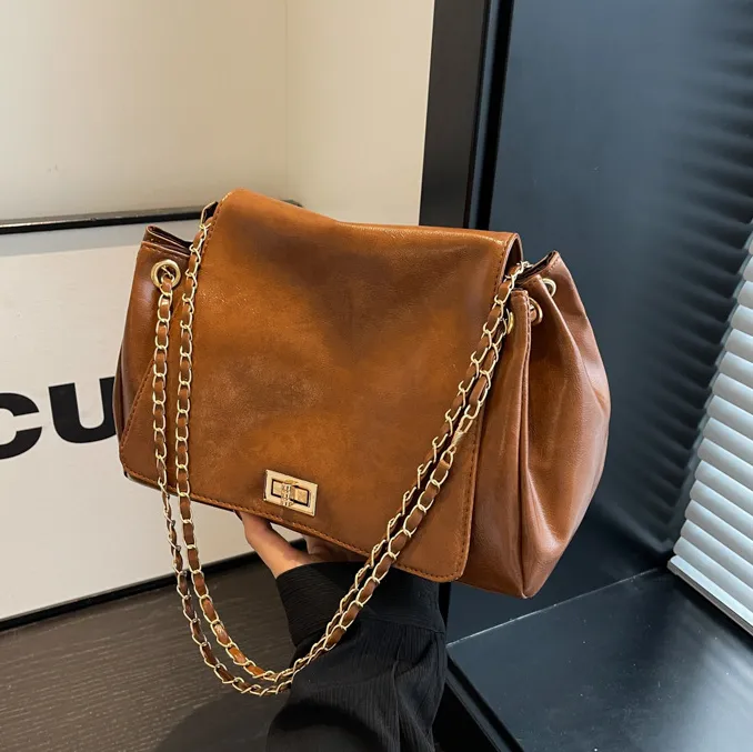 Women Fashion Retro Casual Solid Color Chain Shoulder Bag PU Tote