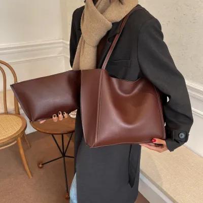 Women Casual Solid Color PU Large Capacity Tote Bag Shoulder Bag