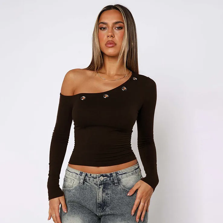 Women Fashion Sexy Solid Color Slant Collar Hollow-Out Long-Sleeve T-Shirt