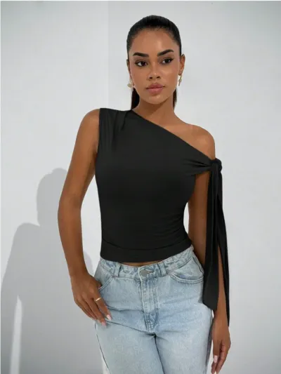 Women Fashion Sexy Solid Color Slanted Shoulder Sleeveless Lace-Up Slim-Fit Tank Top