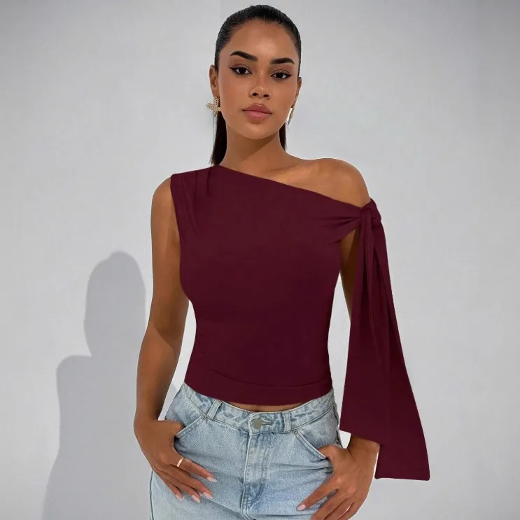 Women Fashion Sexy Solid Color Slanted Shoulder Sleeveless Lace-Up Slim-Fit Tank Top