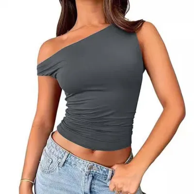 Women Fashion Sexy Solid Color Slanted Shoulder Sleeveless Tank Top