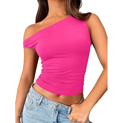 Women Fashion Sexy Solid Color Slanted Shoulder Sleeveless Tank Top