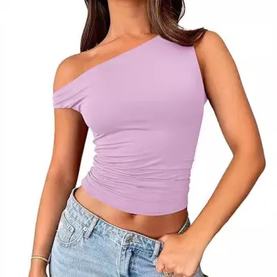 Women Fashion Sexy Solid Color Slanted Shoulder Sleeveless Tank Top