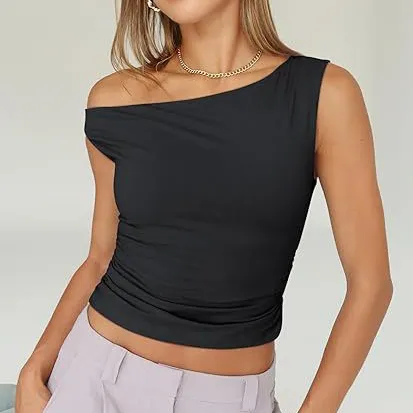 Women Fashion Sexy Solid Color Slanted Shoulder Sleeveless Tank Top