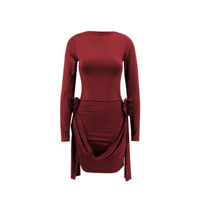 Women Fashion Solid Color Round Neck Long Sleeve Three-Dimensional Floral Decorated Sheath Dress