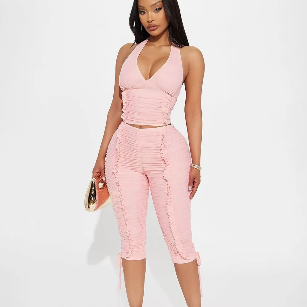 Women Fashion Sexy Solid Color Deep Halter-Neck Tank Top Pleated Lace-Up Pants Two-Piece Set