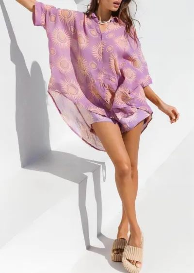 Women Fashion Casual 3d Digital Printing Long Sleeve Blouse Loose Shorts Two-Piece Set