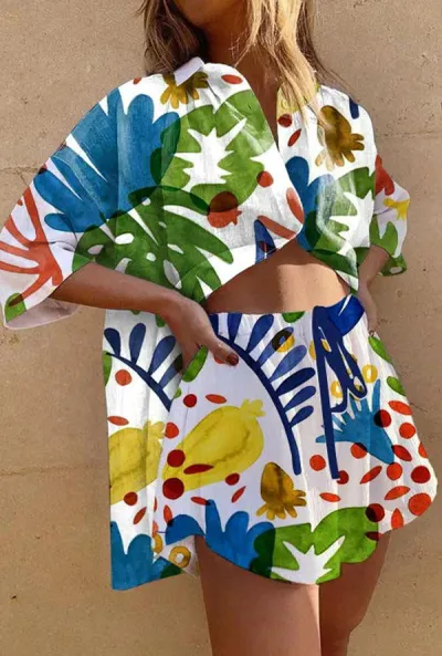 Women Fashion Casual 3d Digital Printing Long Sleeve Blouse Loose Shorts Two-Piece Set