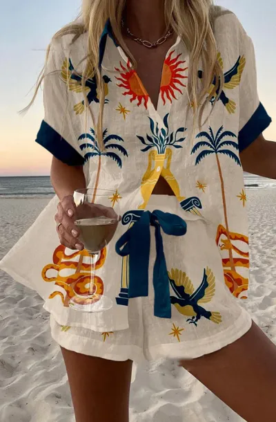 Women Fashion Casual 3d Digital Printing Long Sleeve Blouse Loose Shorts Two-Piece Set