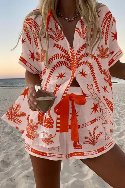 Women Fashion Casual 3d Digital Printing Long Sleeve Blouse Loose Shorts Two-Piece Set