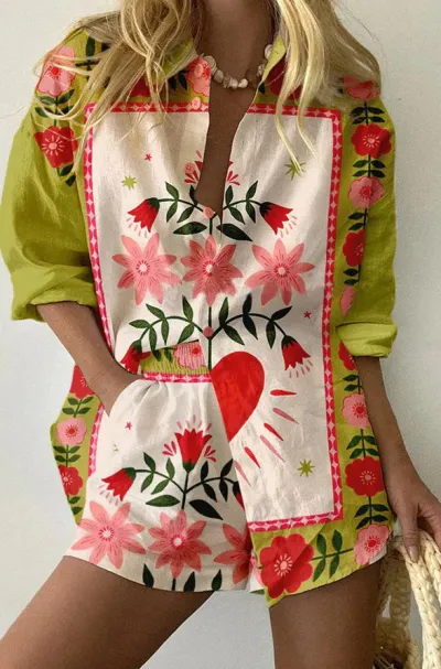 Women Fashion Casual 3d Digital Printing Long Sleeve Blouse Loose Shorts Two-Piece Set