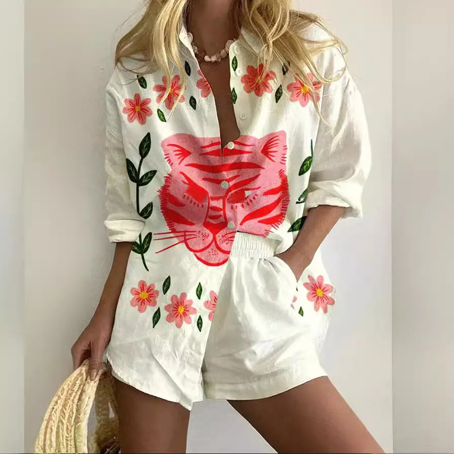 Women Fashion Casual 3d Digital Printing Long Sleeve Blouse Loose Shorts Two-Piece Set
