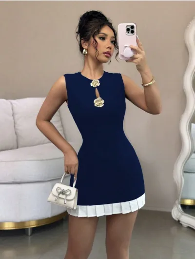Summer Women Fashion Elegant Rose Buckle Round Neck Sleeveless Waisted Dress