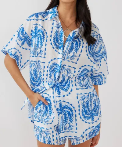 Women Fashion Casual Printed Lapel Short Sleeve Blouse Loose Shorts Two-Piece Set