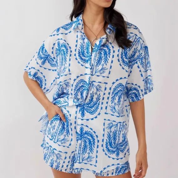 Women Fashion Casual Printed Lapel Short Sleeve Blouse Loose Shorts Two-Piece Set