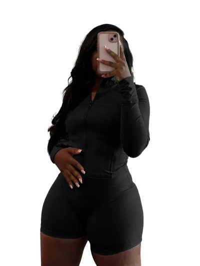 Women Fashion Sexy Leopard Long Sleeve Zipper Top Tight Shorts Two-Piece Set
