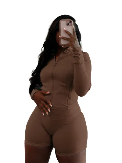 Women Fashion Sexy Leopard Long Sleeve Zipper Top Tight Shorts Two-Piece Set