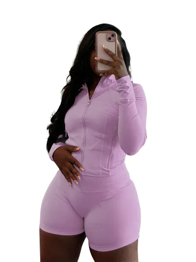 Women Fashion Sexy Leopard Long Sleeve Zipper Top Tight Shorts Two-Piece Set