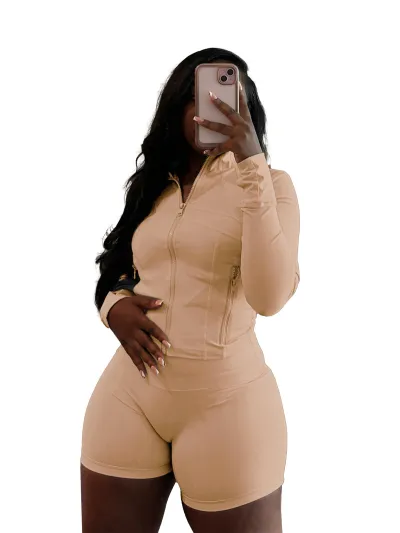 Women Fashion Sexy Leopard Long Sleeve Zipper Top Tight Shorts Two-Piece Set
