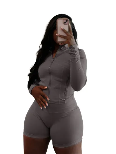 Women Fashion Sexy Leopard Long Sleeve Zipper Top Tight Shorts Two-Piece Set
