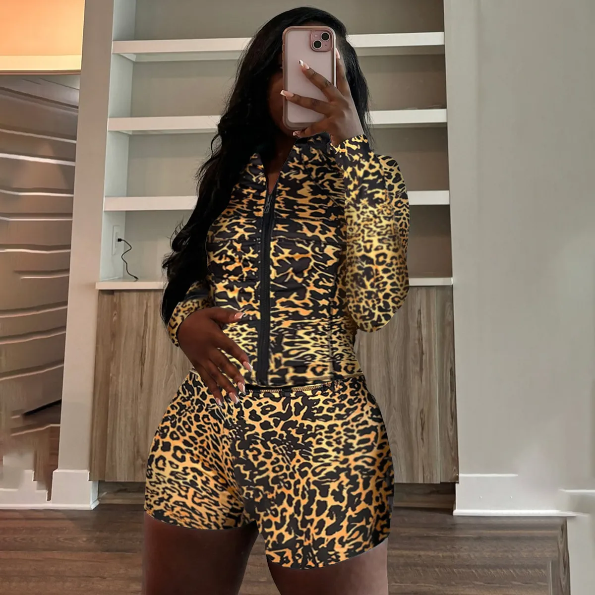 Women Fashion Sexy Leopard Long Sleeve Zipper Top Tight Shorts Two-Piece Set