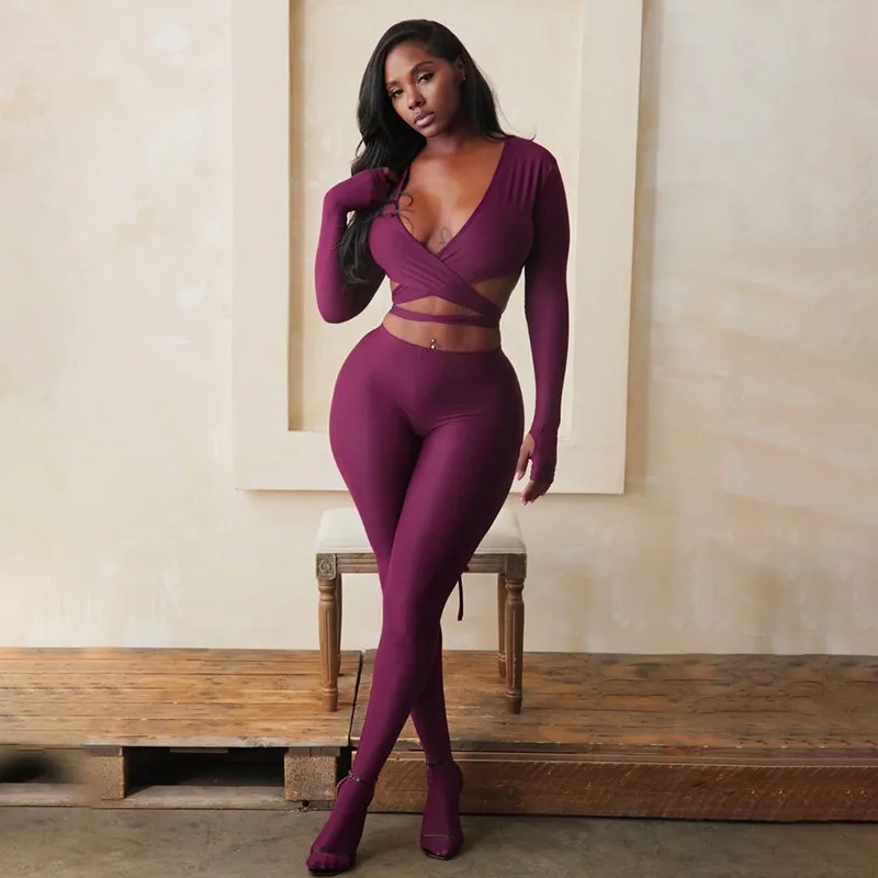 Women Fashion Sexy Solid Color Hollow Strap Long Sleeve Crop Top Tight Pants Two-Piece Set