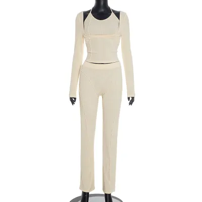 Women Fashion Sexy Solid Color Threaded Halter-Neck Bra U-Neck Long Sleeve T-Shirt Tight Pants Three-Piece Set