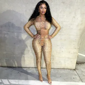 Women Fashion Sexy Snake Print Hollow-Out Long-Sleeve Backless Crop Top Tight Pants Two-Piece Set