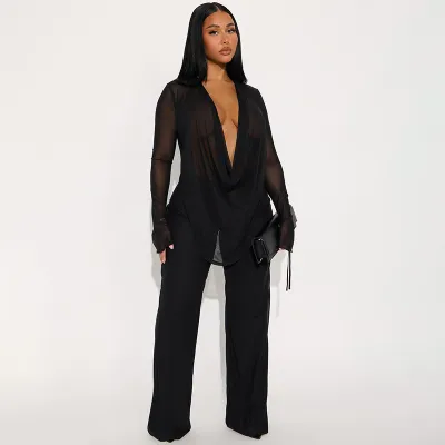 Women Fashion Sexy Solid Color Mesh Swing Collar Long Sleeve Top Slim-Fit Pants Two-Piece Set