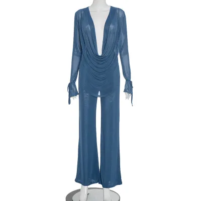 Women Fashion Sexy Solid Color Mesh Swing Collar Long Sleeve Top Slim-Fit Pants Two-Piece Set