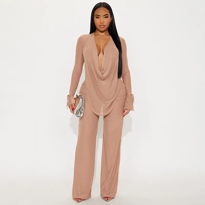 Women Fashion Sexy Solid Color Mesh Swing Collar Long Sleeve Top Slim-Fit Pants Two-Piece Set