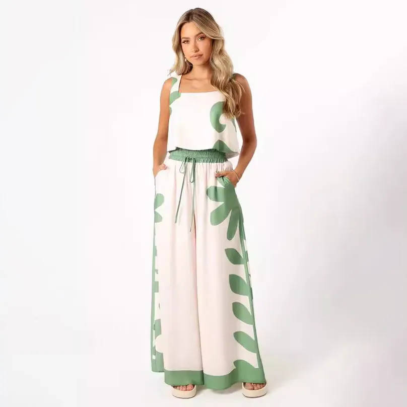 Women Fashion Casual Printed Tank Top Wide Leg Pants Two-Piece Set