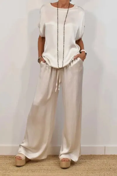 Women Fashion Casual Solid Color Short-Sleeve Loose Blouse Wide Leg Pants Two-Piece Set