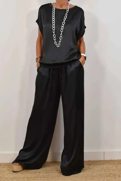 Women Fashion Casual Solid Color Short-Sleeve Loose Blouse Wide Leg Pants Two-Piece Set
