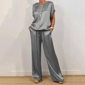 Women Fashion Casual Solid Color Short-Sleeve Loose Blouse Wide Leg Pants Two-Piece Set
