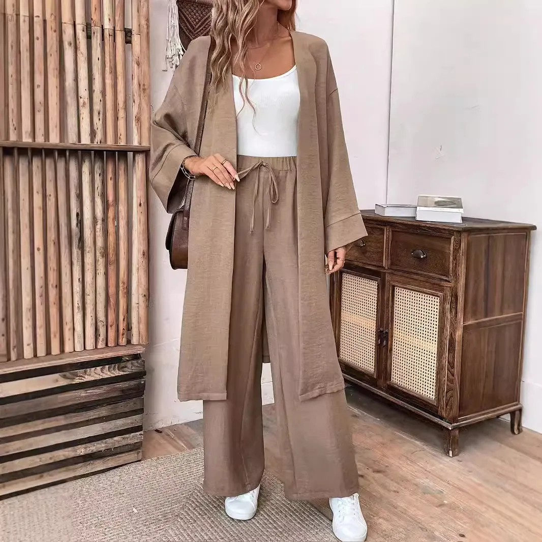 Women Fashion Casual Solid Color Long-Sleeve Loose Cardigan Top Wide Leg Pants Two-Piece Set
