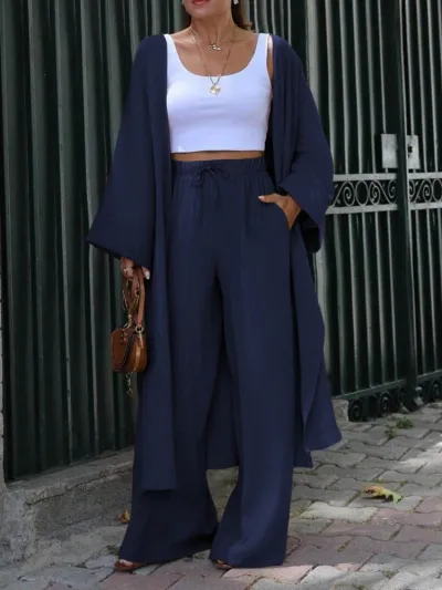 Women Fashion Casual Solid Color Long-Sleeve Loose Cardigan Top Wide Leg Pants Two-Piece Set