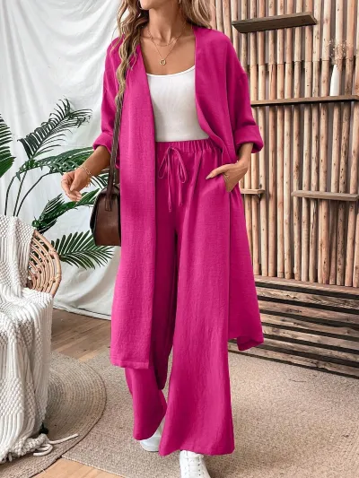 Women Fashion Casual Solid Color Long-Sleeve Loose Cardigan Top Wide Leg Pants Two-Piece Set