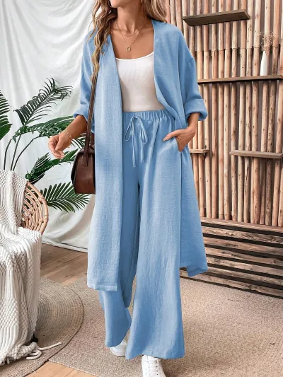 Women Fashion Casual Solid Color Long-Sleeve Loose Cardigan Top Wide Leg Pants Two-Piece Set