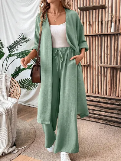 Women Fashion Casual Solid Color Long-Sleeve Loose Cardigan Top Wide Leg Pants Two-Piece Set